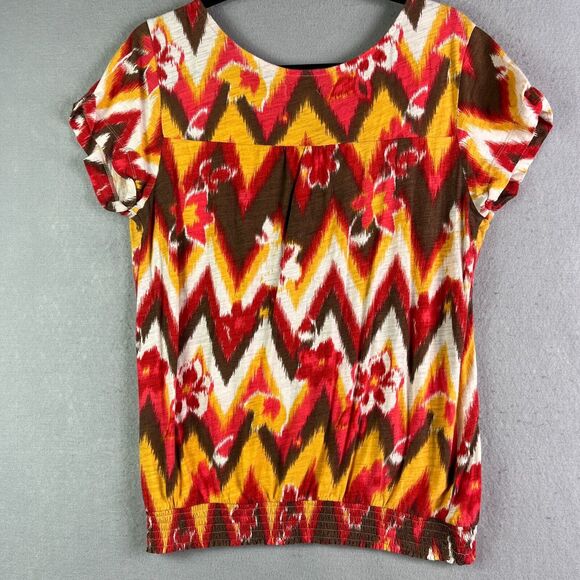 Lucky Brand Top Womens L Pullover Red Yellow Floral Metal Buttons Elastic Hem - Picture 7 of 12